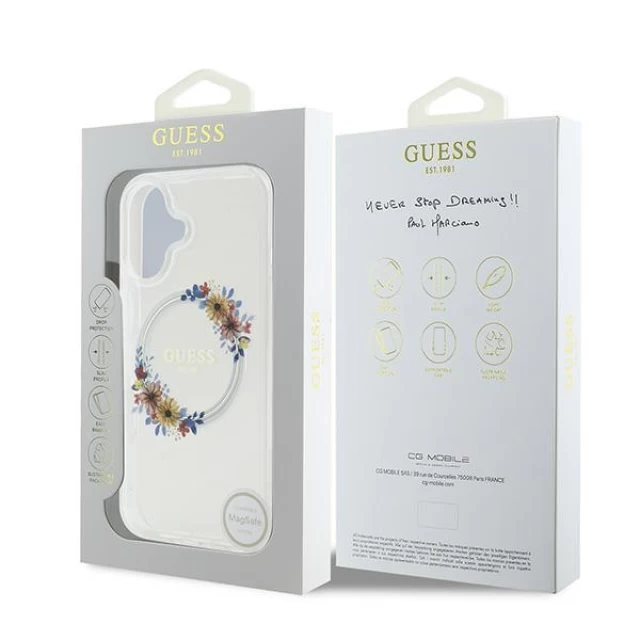 Чохол Guess IML Flowers Wreath для iPhone 16 Plus Transparent with MagSafe (GUHMP16MHFWFCT)