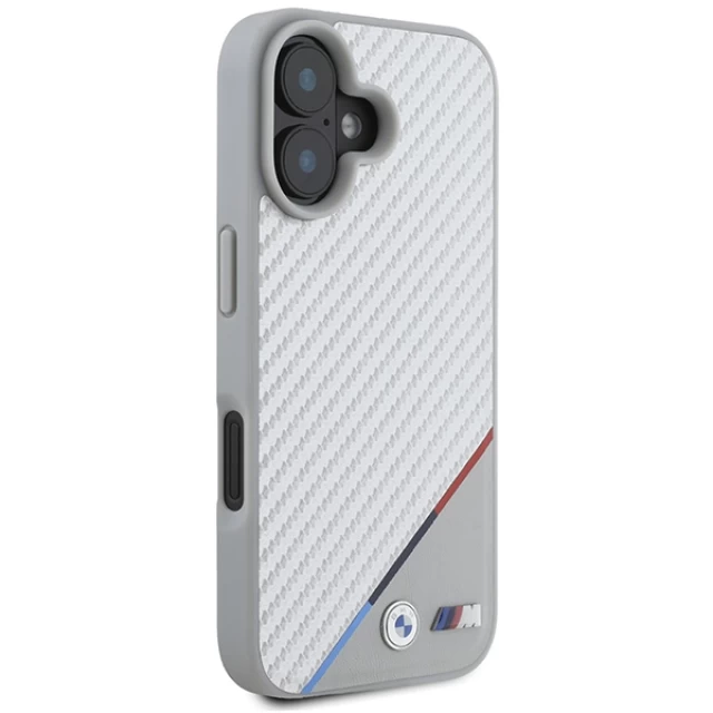 Чехол BMW Carbon Tricolor Line для iPhone 16 Grey with MagSafe (BMHMP16S23PUDTS)