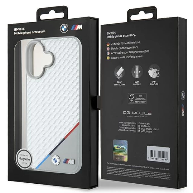 Чехол BMW Carbon Tricolor Line для iPhone 16 Grey with MagSafe (BMHMP16S23PUDTS)