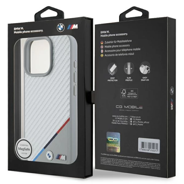 Чехол BMW Carbon Tricolor Line для iPhone 16 Pro Grey with MagSafe (BMHMP16L23PUDTS)