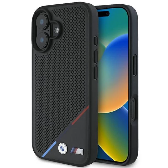 Чехол BMW M Perforated Tricolor Line для iPhone 16 Black with MagSafe (BMHMP16S23PUPDK)