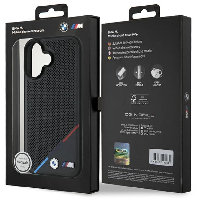 Чехол BMW M Perforated Tricolor Line для iPhone 16 Black with MagSafe (BMHMP16S23PUPDK)