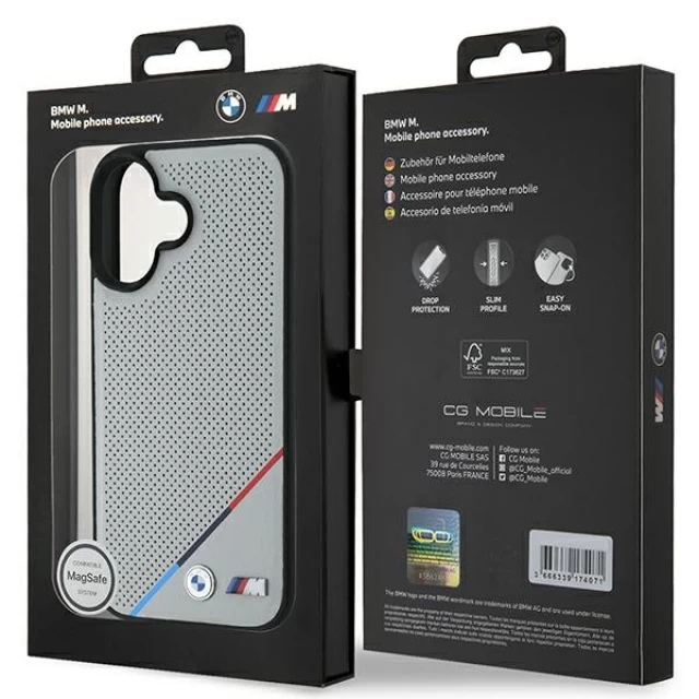 Чехол BMW M Perforated Tricolor Line для iPhone 16 Grey with MagSafe (BMHMP16S23PUPDG)