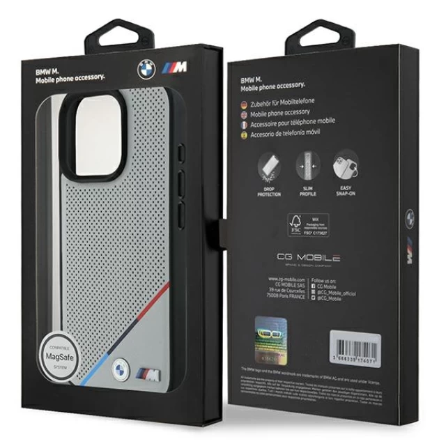 Чехол BMW M Perforated Tricolor Line для iPhone 16 Pro Grey with MagSafe (BMHMP16L23PUPDG)