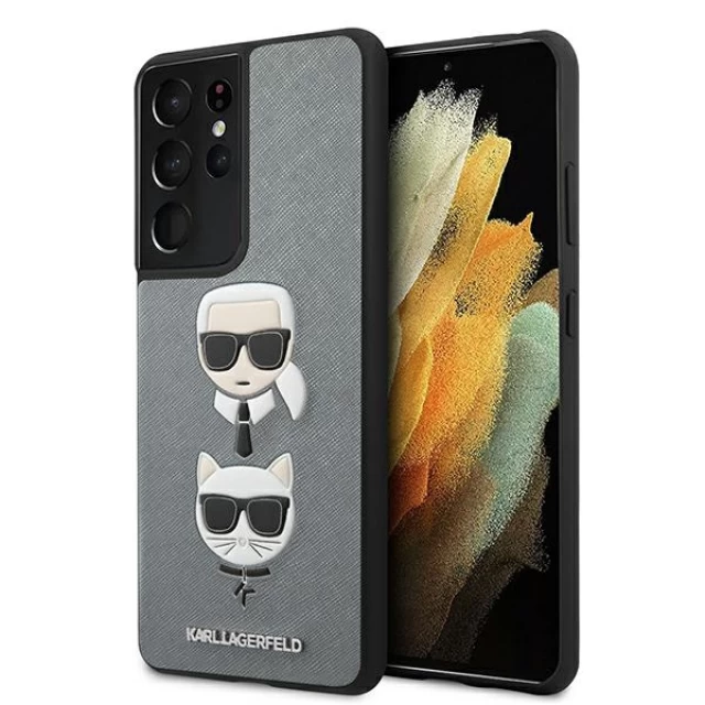 Чохол Karl Lagerfeld Saffiano Ikonik Karl&Choupette Head для Samsung Galaxy S21 Ultra G998 Silver (KLHCS21LSAKICKCSL)