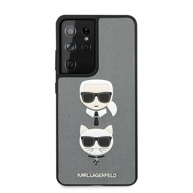 Чехол Karl Lagerfeld Saffiano Ikonik Karl&Choupette Head для Samsung Galaxy S21 Ultra G998 Silver (KLHCS21LSAKICKCSL)