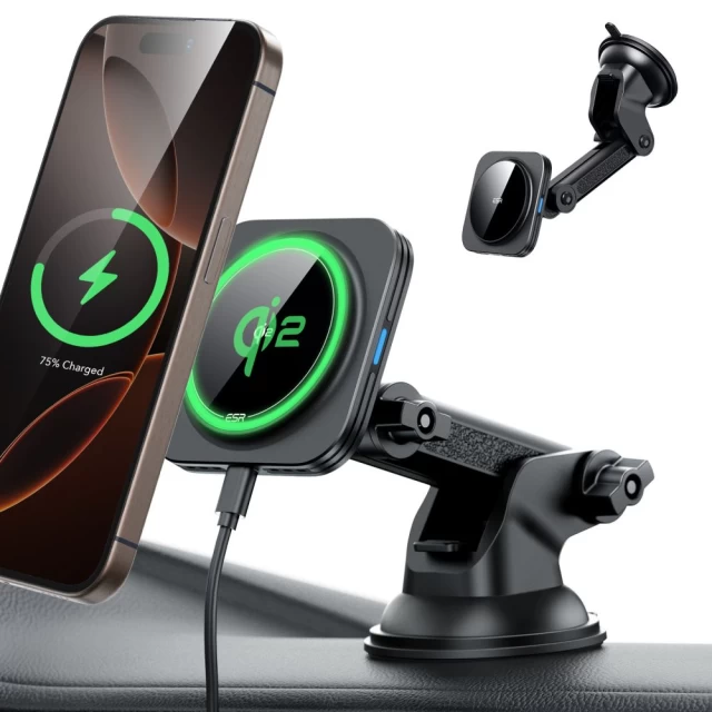 Автодержатель с функцией беспроводной зарядки ESR Magnetic Dashboard Car Mount Wireless Charger Qi2 15W Black with MagSafe (4894240210963)