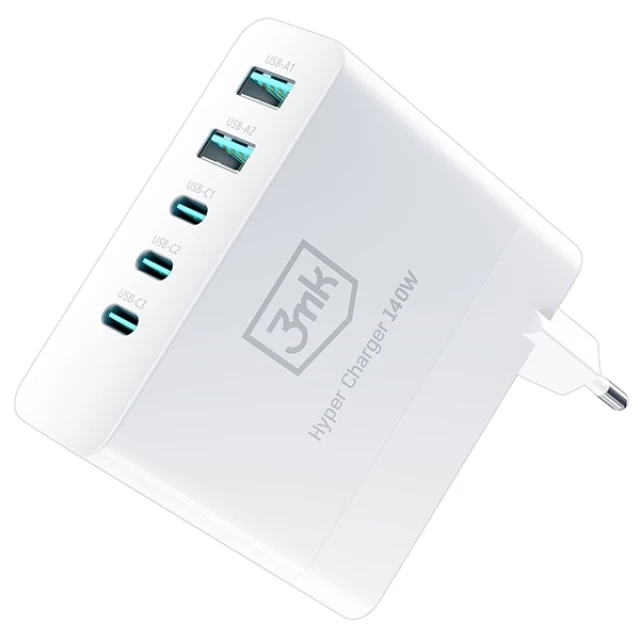 Мережевий зарядний пристрій 3mk Hyper Charger GaN QC/PD 140W 3xUSB-C | 2x USB-A White