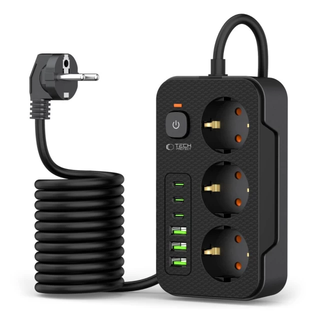 Мережевий подовжувач Tech-Protect PC3X6 3xUSB | 3xUSB-C | 3xSocket 2m Black (5906302310555)