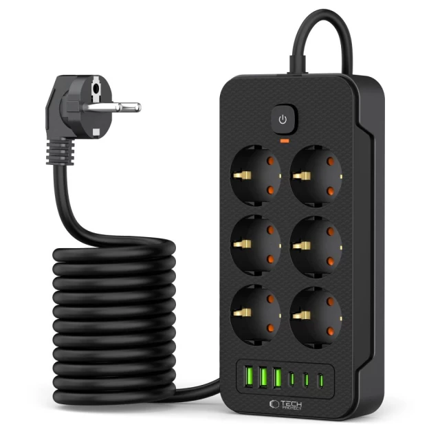 Мережевий подовжувач Tech-Protect PC6X6 3xUSB-A | 3xUSB-C | 6xSocket 2m Black (5906302310586)