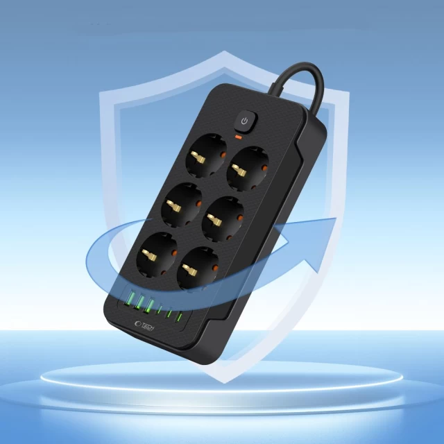 Мережевий подовжувач Tech-Protect PC6X6 3xUSB-A | 3xUSB-C | 6xSocket 2m Black (5906302310586)