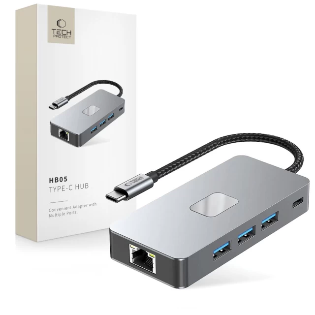 USB-хаб Tech-Protect HB05 9-in-1 USB-C to 3xUSB-A | HDMI 4K 60Hz | SD/TF | RJ45 | USB-C Space Grey (5906302360543)