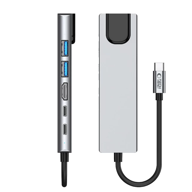 USB-хаб Tech-Protect HB02 6-in-1 USB-C to 2xUSB-A | 2xUSB-C | HDMI 4K 30Hz | RJ45 Space Grey (5906302360574)