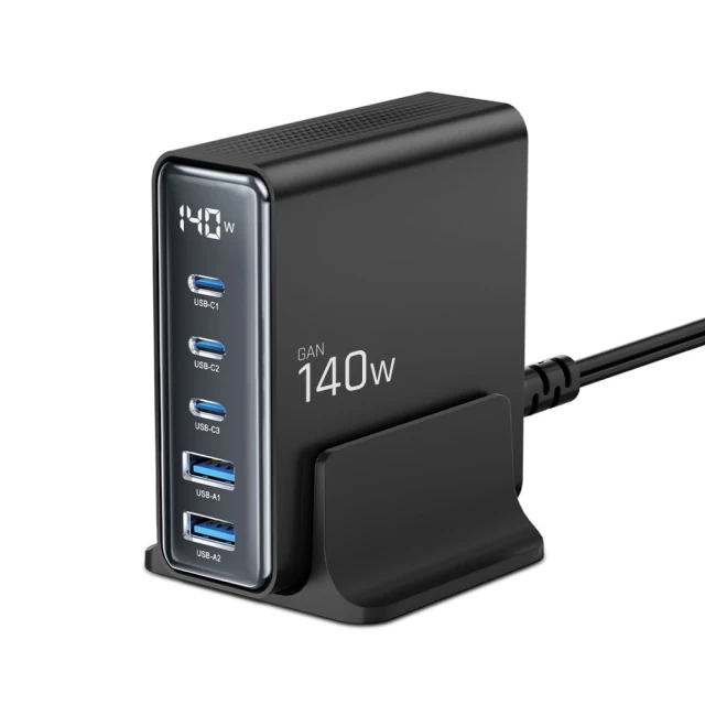 USB-хаб Tech-Protect DC140W GaN 5-Port Desktop Charger PD140W QC3.0 Black (5906302375455)