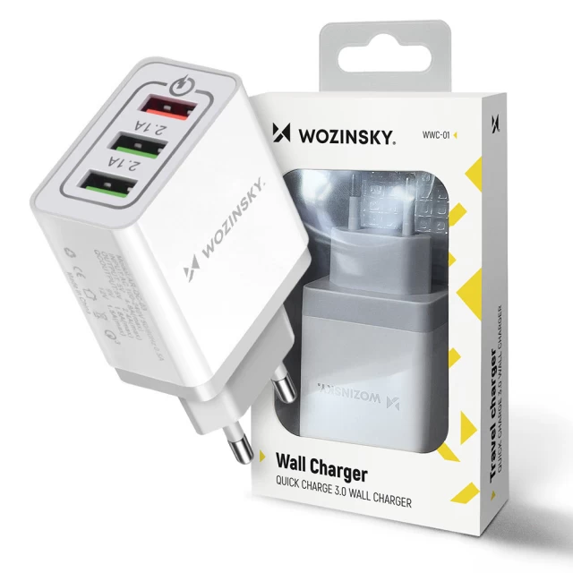 Сетевое зарядное устройство Wozinsky QC 30W 3xUSB-A White (WWC-01)