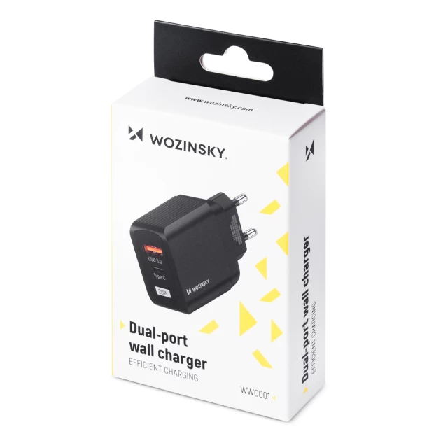 Сетевое зарядное устройство Wozinsky 20W USB-C | USB-A Black (WWC001)