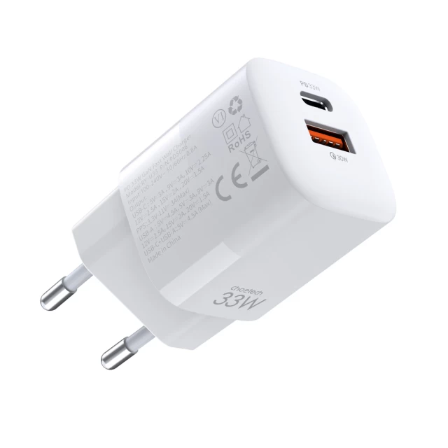 Сетевое зарядное устройство Choetech QC 33W USB-C | USB-A White (PD5006-EU-WH)