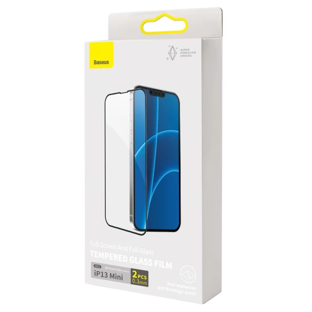 Защитное стекло Baseus Full Screen Super Porcelain 0.3 mm для iPhone 13 mini Black (2 Pack) (SGQP030001)