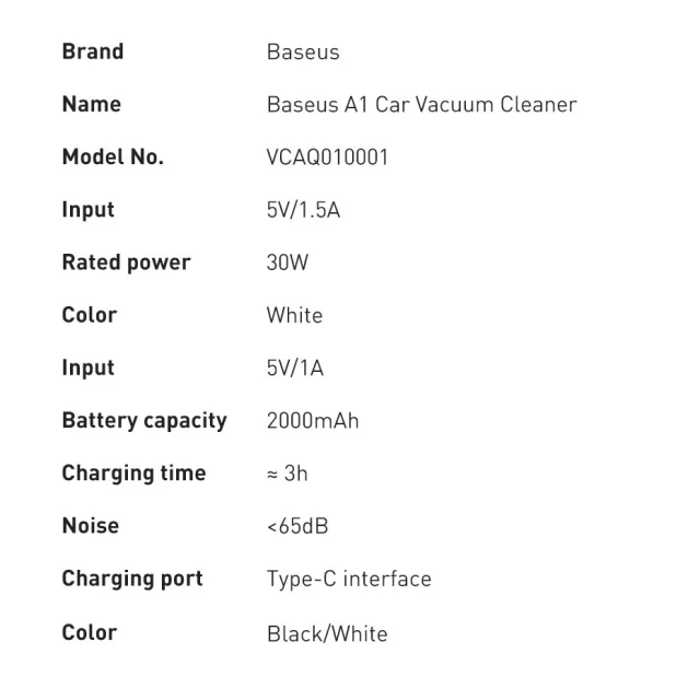 Портативный пылесос Baseus A1 Car Vacuum Cleaner Black (VCAQ010001)