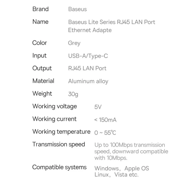 Адаптер Baseus Lite Series USB-C to Ethernet Grey (WKQX000213)