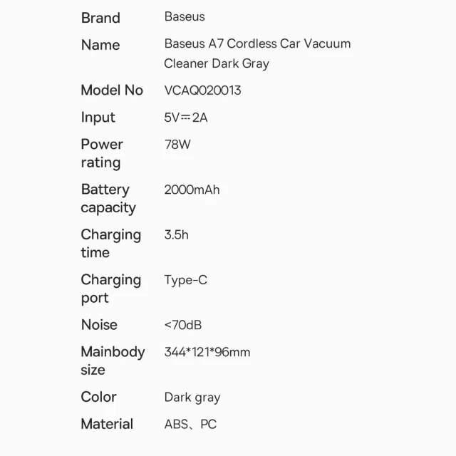 Портативный пылесос Baseus A7 Baseus A7 Car Vacuum Cleaner Grey (VCAQ020013)