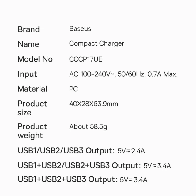 Сетевое зарядное устройство Baseus Compact 17W 3xUSB-A Black (CCXJ020101)