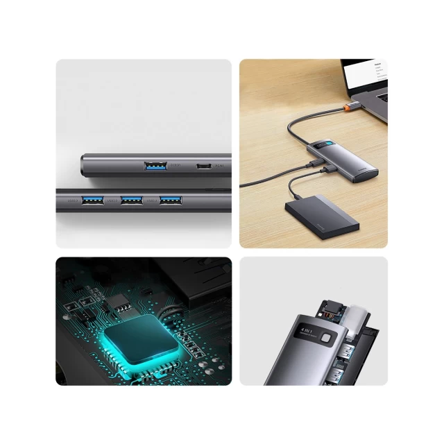 USB-хаб Baseus Metal Gleam Multifunctional 4-in-1 USB-C to 3xUSB-A/Ethernet Grey (WKWG070113)
