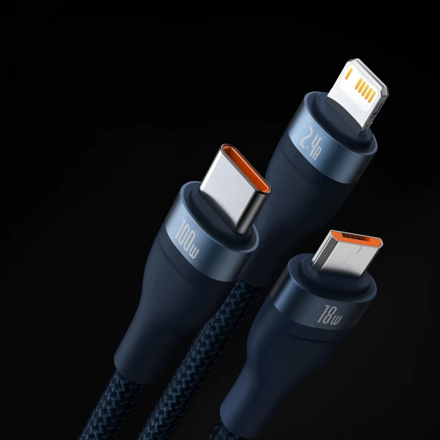 Кабель Baseus Flash Series II One-for-three Fast Charging Data Cable 100W USB - USB Typ C / Lightning / micro USB 1.2m Blue (CASS030003)