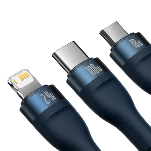 Кабель Baseus Flash Series II One-for-three Fast Charging Data Cable 100W USB - USB Typ C / Lightning / micro USB 1.2m Blue (CASS030003)