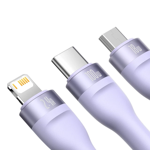 Кабель Baseus Flash Series II One-for-three Fast Charging Data Cable 100W USB - USB Typ C / Lightning / micro USB 1.2m Purple (CASS030005)