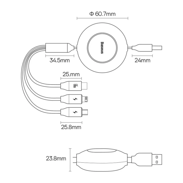 Кабель Baseus Bright Mirror 2 Retractable Cable 3in4 USB Type-A-micro USB + Lightning + USB Type-C 1.1m Green (CAMJ010106)