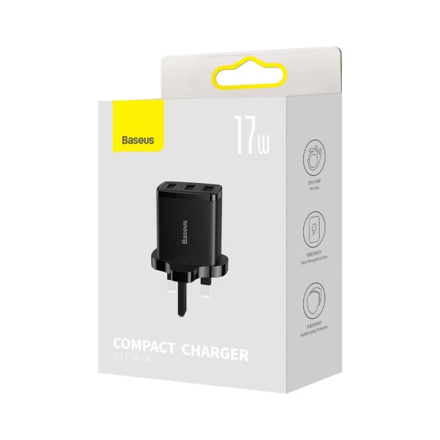 Мережевий зарядний пристрій Baseus Compact UK 17W 3xUSB-A Black (CCXJ020301)