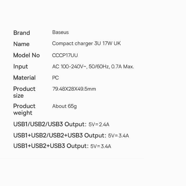 Сетевое зарядное устройство Baseus Compact UK 17W 3xUSB-A White (CCXJ020302)