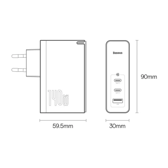Мережевий зарядний пристрій Baseus GaN5 Pro FC 140W 2xUSB-C | USB-A with USB-C to USB-C Cable White (CCGP100202)