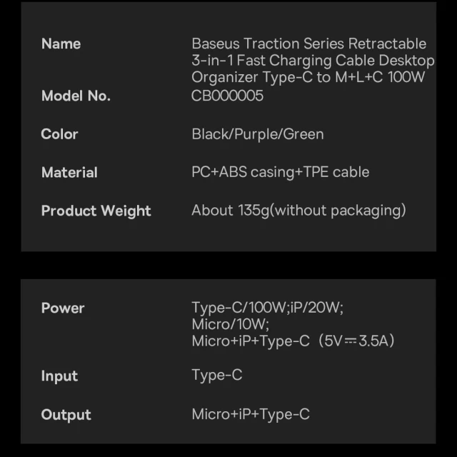 Кабель Baseus Traction Series Retractable 3-in-1 FC 100W Desktop Organizer Type-C to Micro-USB | Type-C | Lightning 1.7m Black (CAQY000001)