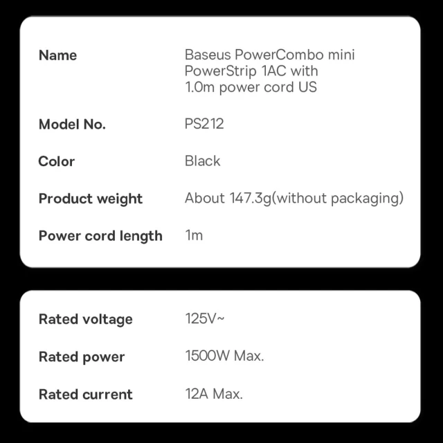 Сетевой удлинитель Baseus PowerCombo 220V 1m Black (PSMN000301)