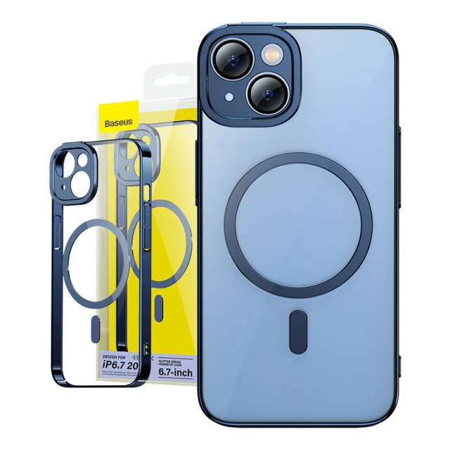 Чехол и защитное стекло Baseus Glitter для iPhone 14 Plus Blue with MagSafe (ARMC010603)