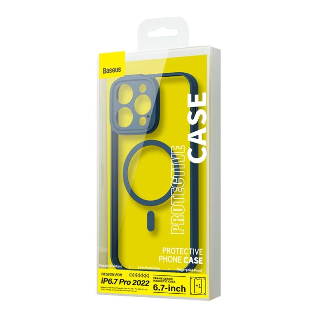 Чехол и защитное стекло Baseus Frame для iPhone 14 Pro Max Blue with MagSafe (ARJT030103)