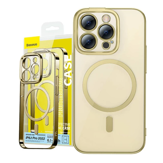 Чохол та захисне скло Baseus Glitter Magnetic with Cleaning Kit для iPhone 14 Pro Gold with MagSafe (ARMC011015)