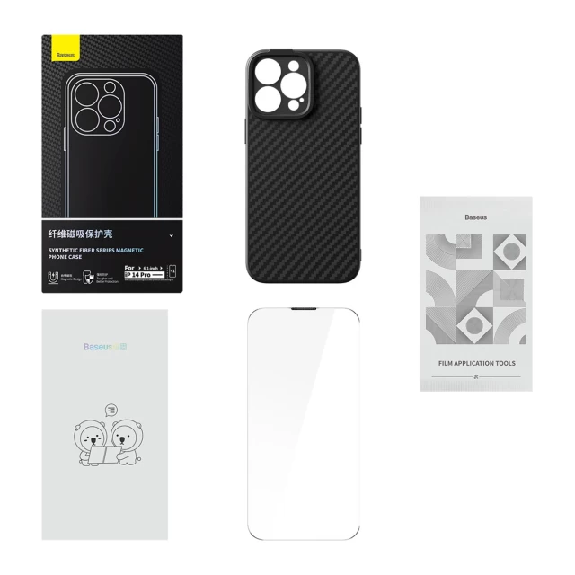 Чохол і захисне скло Baseus Synthetic Fiber для iPhone 14 Pro Black with MagSafe (ARQW000101)