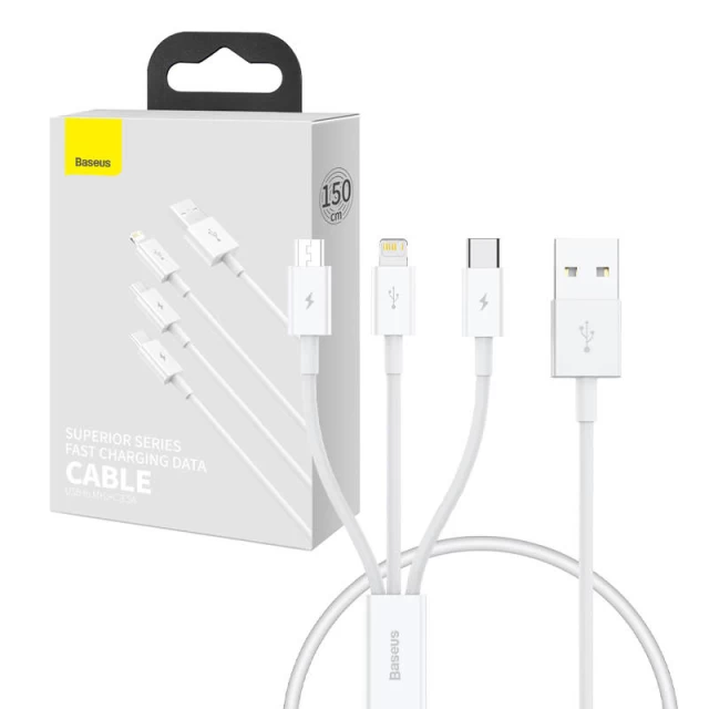 Кабель Baseus Superior Data USB-A to micro USB | Lightning | USB-C 3.5A 0.5m White (P10320105221-01)