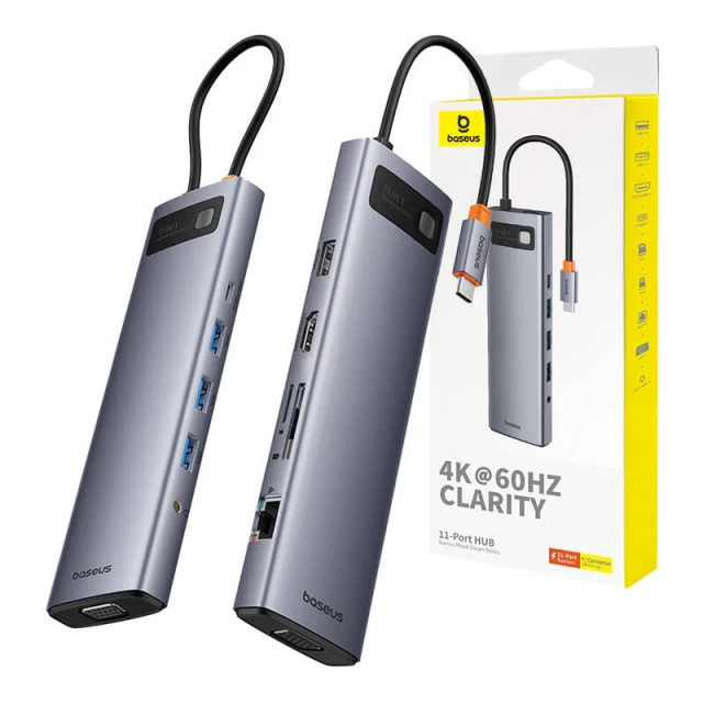 USB-хаб Baseus 11-in-1 Metal Gleam Series USB-C to USB-C PD | 3x USB-A 3.0 | USB-A 2.0 | HDMI | VGA | AUX | RJ-45 | SD/TF Gray (B00030709811-00)