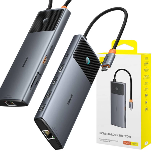 USB-хаб Baseus 10-in-1 Metal Gleam Series II USB-C to USB-C PD | USB-C | 3x USB-A | 2x HDMI | RJ45 | SD/TF Gray (B00061800813-01)