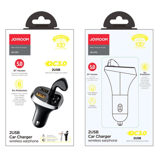 Автомобильное зарядное устройство Joyroom Quick Charge 2x USB-A with Bluetooth 5.0 Wireless Earphone 30W 3A Black (JR-CP2-BK)