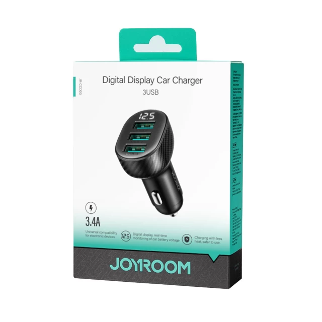Автомобільний зарядний пристрій Joyroom JR-CCD03 3.4A Car Charger 3x USB-A with Display Black (JR-CCD03)