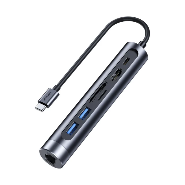 USB-хаб Joyroom 7-in-1 USB-C to 2x USB-A/HDMI/RJ-45/SD/micro SD 100W 15cm Gray (S-H111)