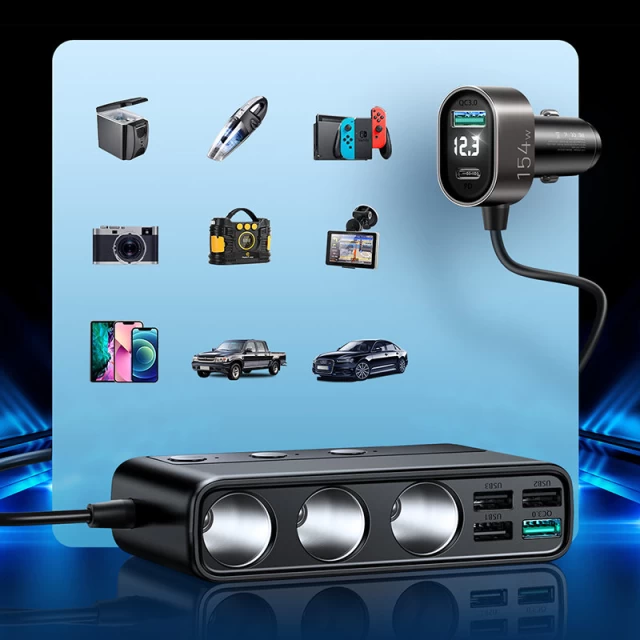 Автомобильное зарядное устройство Joyroom 9-in-1 5x USB-A/USB-C/3x Cigarette Lighter Socket 154W Black (JR-CL06)