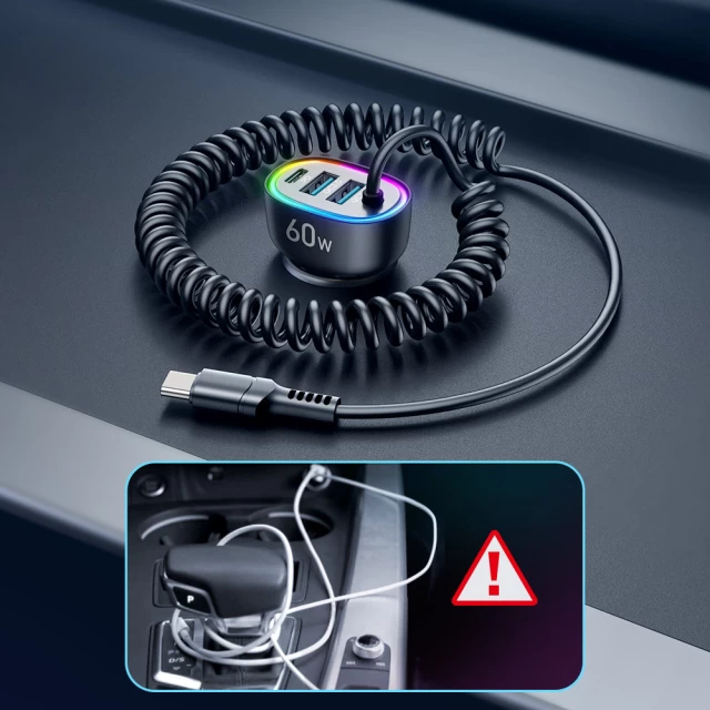 Автомобільний зарядний пристрій Joyroom 4-in-1 2x USB-A/USB-C with USB-C Cable 60W 1.6m Black (JR-CL19)