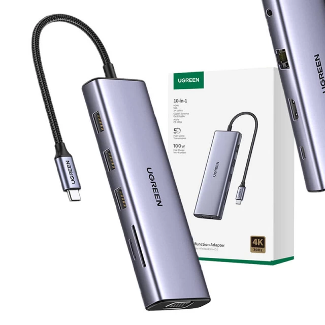 USB-хаб Ugreen CM498 10-in-1 USB-C to 3xUSB-A/USB-C/HDMI/VGA/RJ45/AUX 3.5mm/SD/TF Silver (15601)