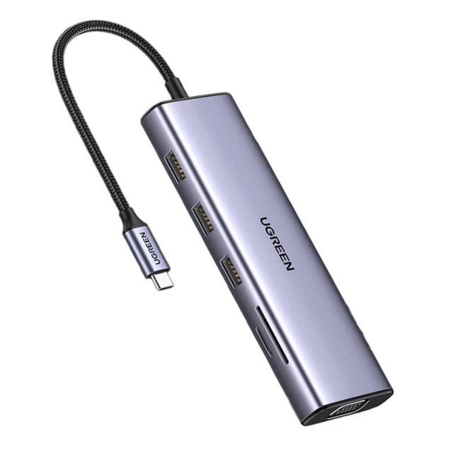 USB-хаб Ugreen CM498 10-in-1 USB-C to 3xUSB-A/USB-C/HDMI/VGA/RJ45/AUX 3.5mm/SD/TF Silver (15601)